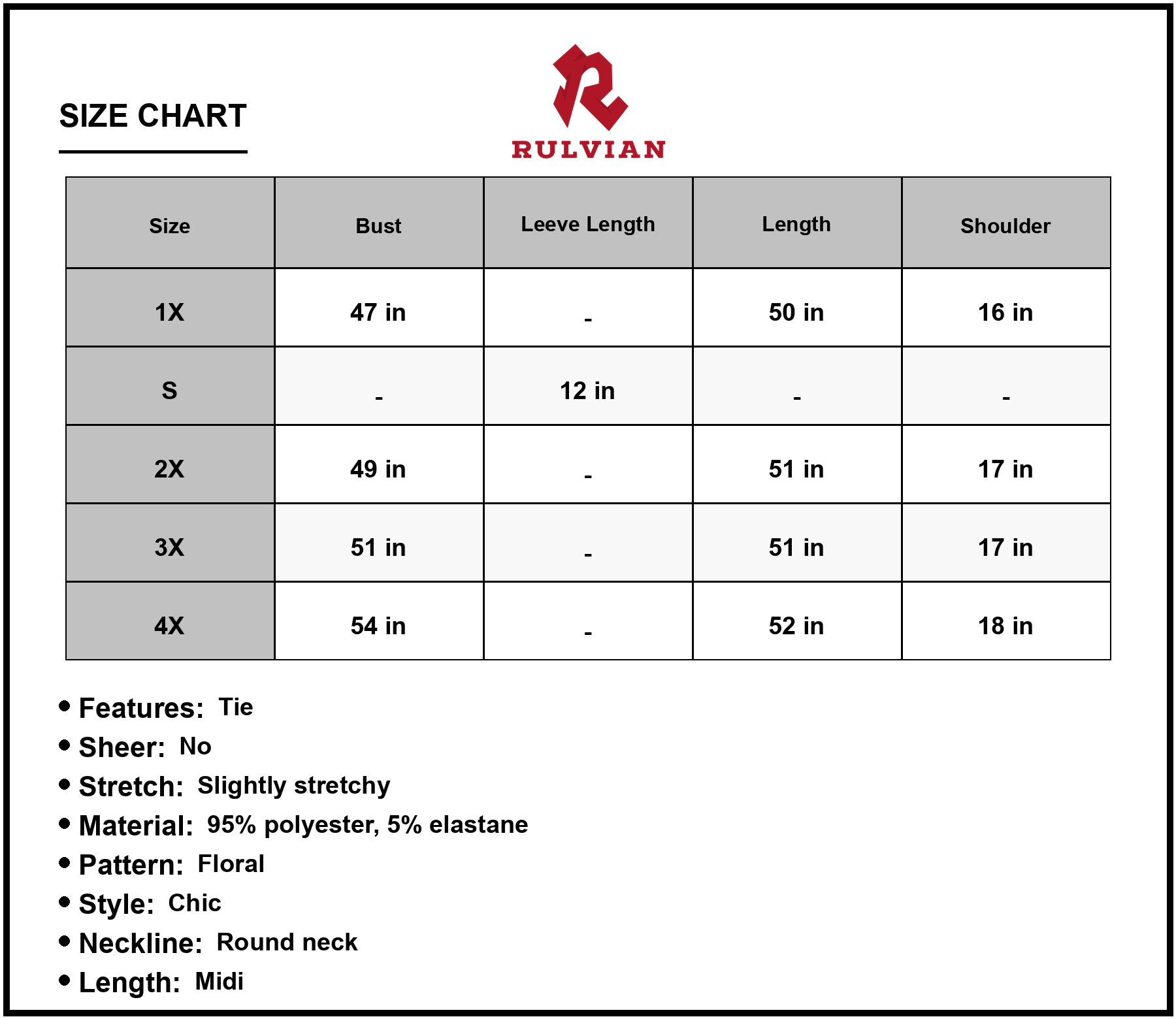Size Chart - Women's Floral Tie Waist Round Neck Midi Dress Flutter Sleeves Chic Elegant Everyday Wear 95% Polyester 5% Elastane