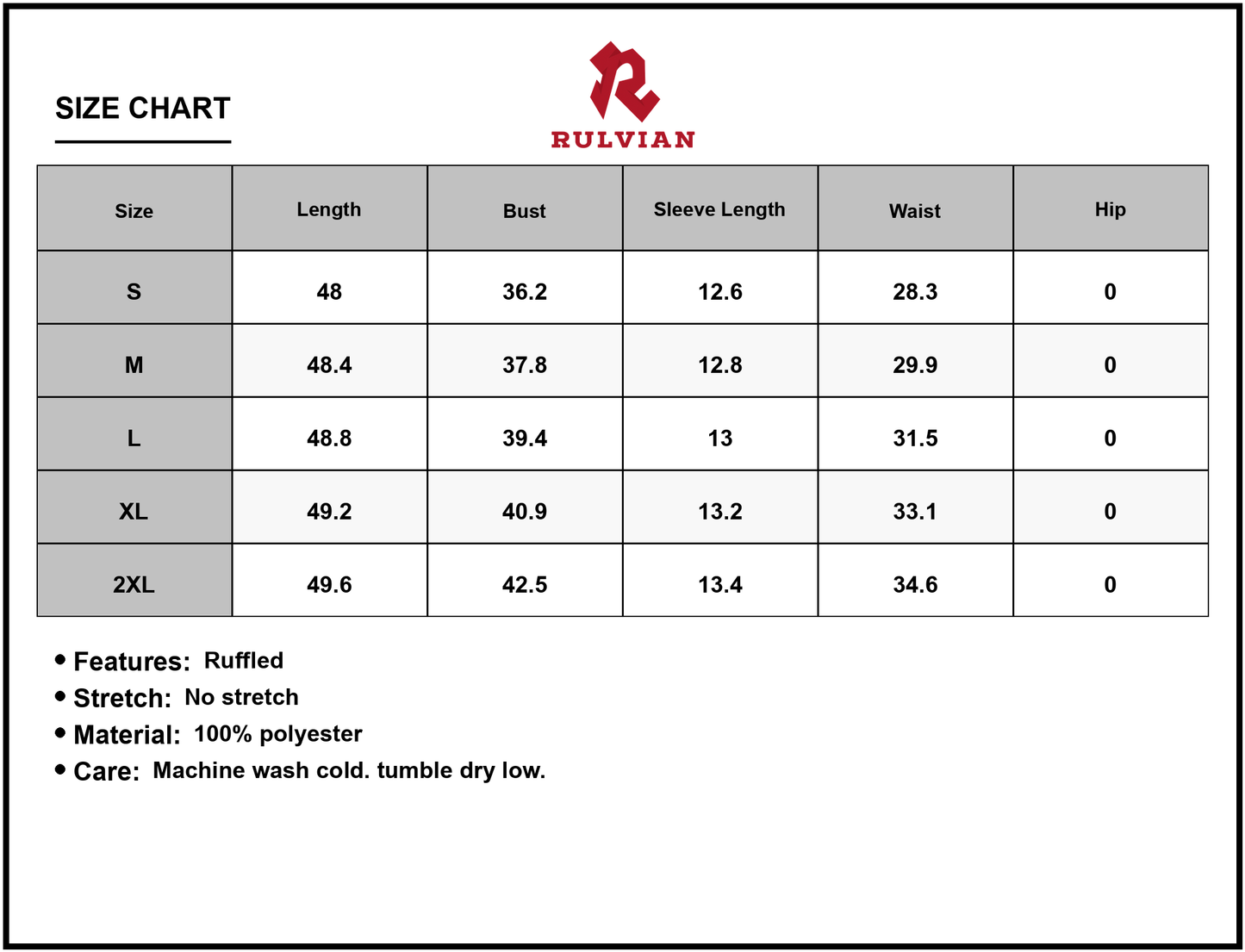 Size Chart - Women's Printed Round Neck Puff Sleeve Dress in 100% Polyester Fabric with Ruffle Accent and Comfortable Fit All Day