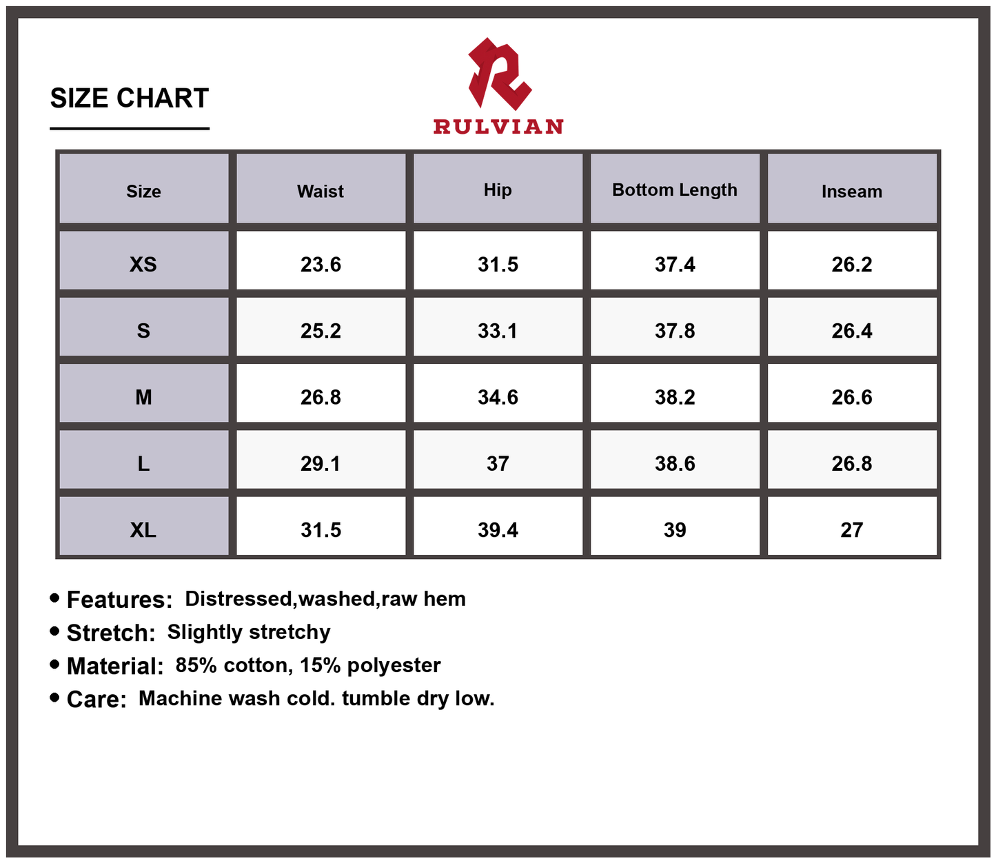 Size Chart - Women's High-Waisted Skinny Distressed Jeans Raw Hem Washed Denim Premium Durable Slim Fit Everyday Fashion Pants