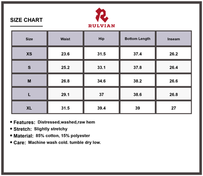 Size Chart - Women's High-Waisted Skinny Distressed Jeans Raw Hem Washed Denim Premium Durable Slim Fit Everyday Fashion Pants