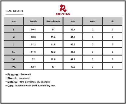 Size Chart - Women's Full Size Short Sleeve Shirt Dress with Collar Plus Size Elegant Everyday Comfort 95% Polyester 5% Spandex