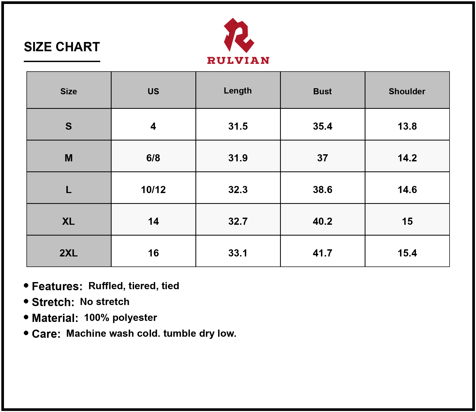 Size Chart - Women's Ruffled Surplice Cap Sleeve Mini Dress 100% Polyester fabric Tiered Design Easy Care Ideal for Summer Evenings