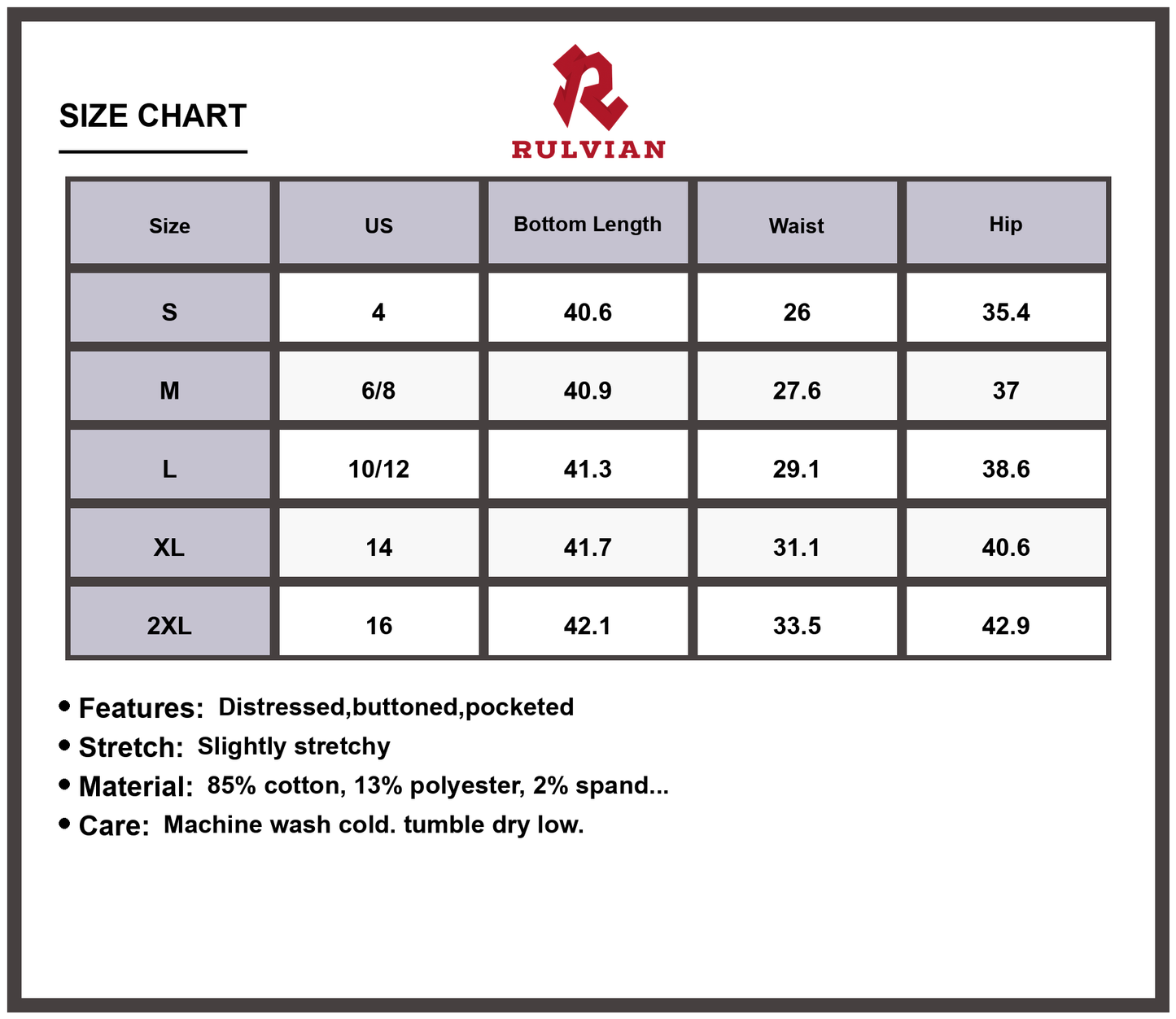 Size Chart - Women's Distressed Flare Jeans Buttoned Pocketed Slightly Stretchy Premium High Quality Casual Everyday Fashion