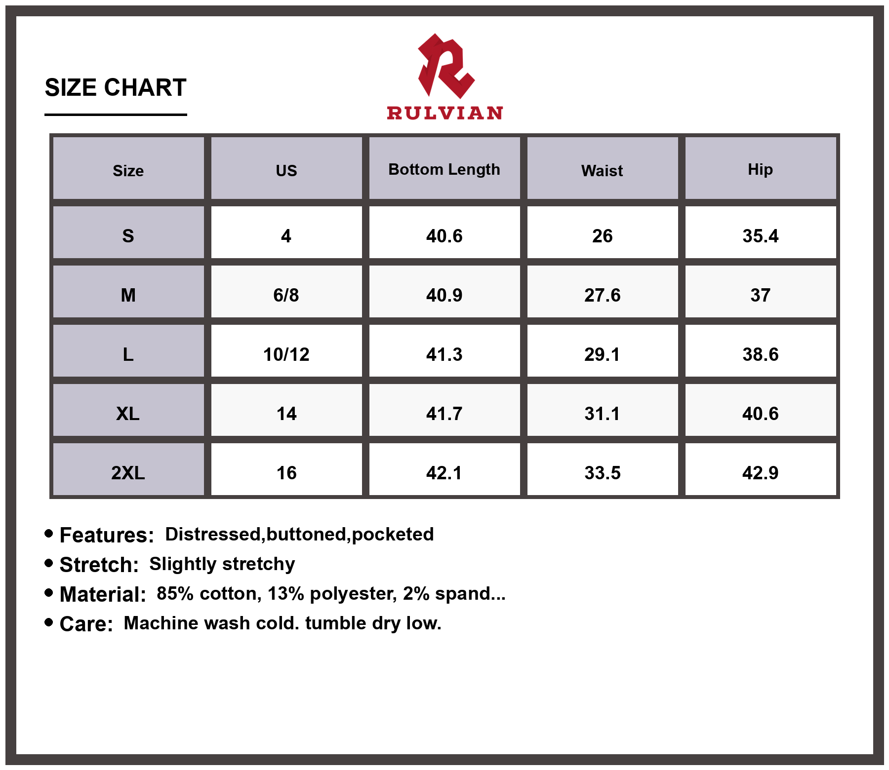 Size Chart - Women's Distressed Flare Jeans Buttoned Pocketed Slightly Stretchy Premium High Quality Casual Everyday Fashion