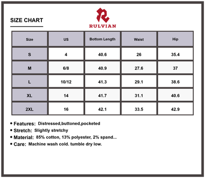 Size Chart - Women's Distressed Flare Jeans Buttoned Pocketed Slightly Stretchy Premium High Quality Casual Everyday Fashion