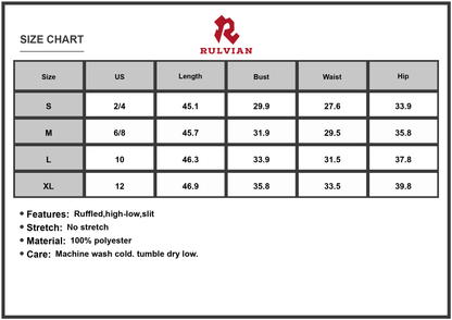 Size Chart - Women's High Low Ruffled Hem Midi Cami Dress with Slit Flowy Fit 100% Polyester Easy Care Machine Wash for Summer