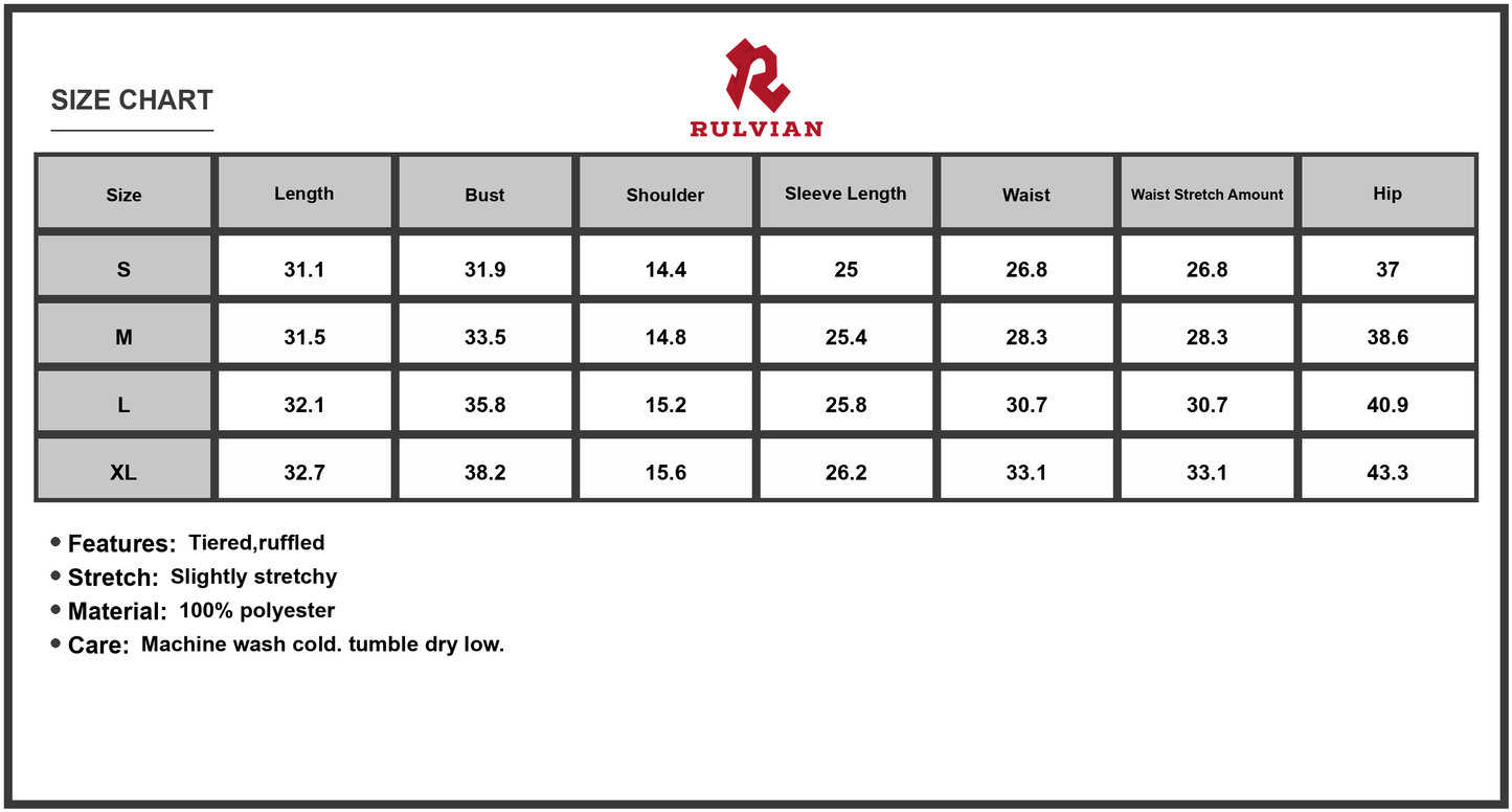 Size Chart - Womens Two Tone V Neck Long Sleeve Mini Dress Featuring Tiered Ruffle Details Made From Polyester For Versatile Party Evening Wear
