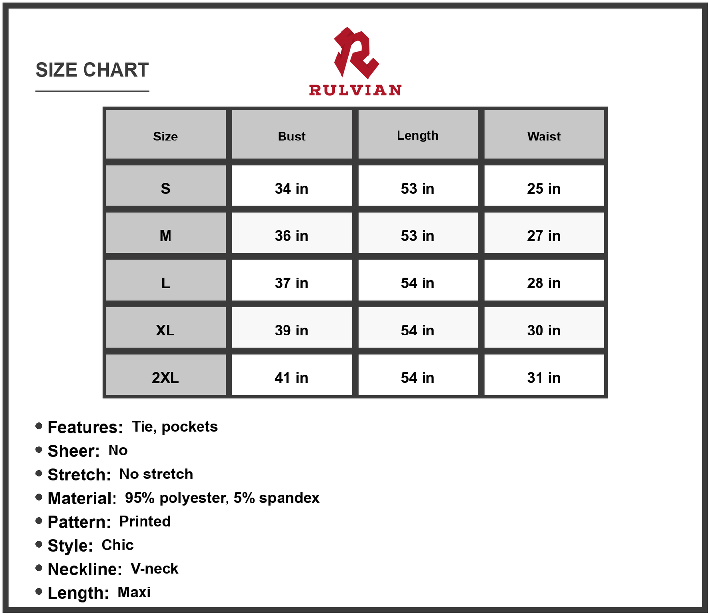 Size Chart - Women's Printed V Neck Tie Waist Maxi Dress Chic Sleeveless A Line Silhouette with Pockets for Everyday Elegant Occasions