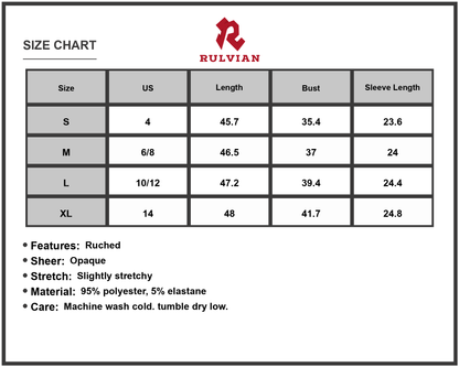 Size Chart - Women's V Neck Long Sleeve Velvet Midi Dress 95% Polyester 5% Elastane Ruched Sheer Overlay Opaque Stretchy Body