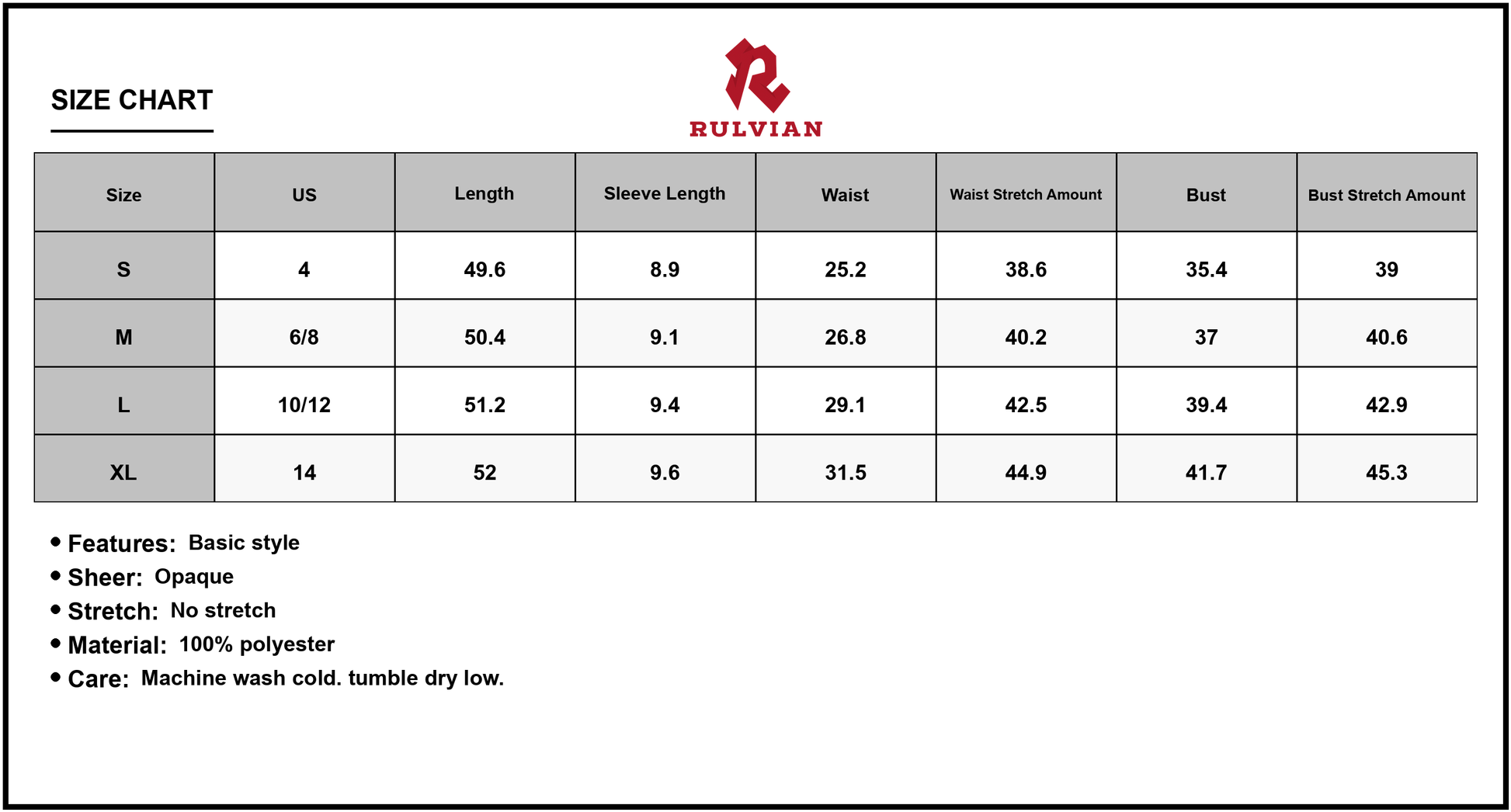 Size Chart - Women's Printed Notched Short Sleeve Midi Dress 100% polyester fabric with flattering silhouette for everyday wear