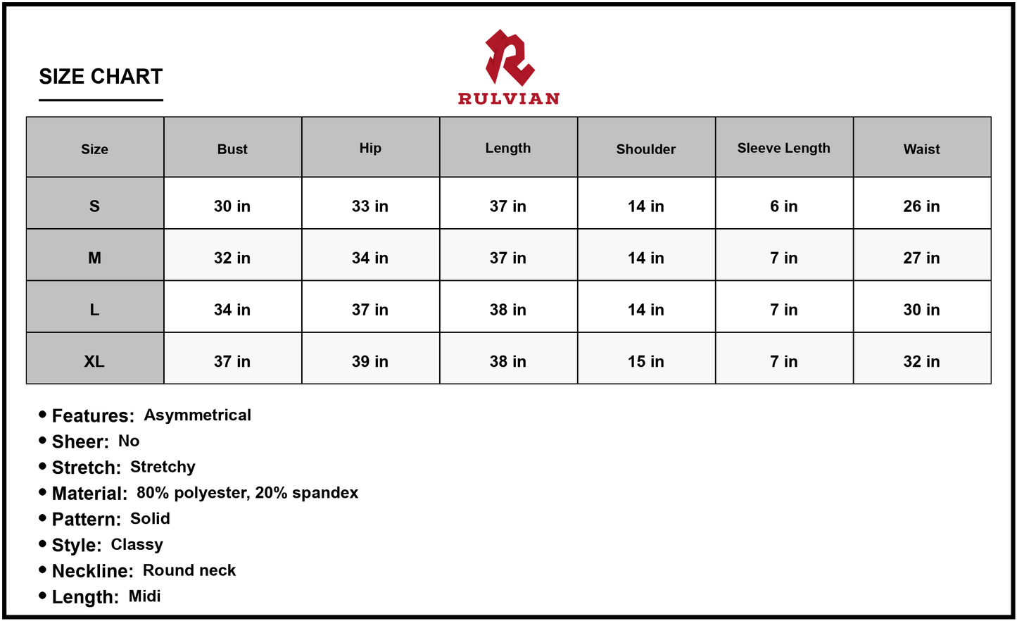 Size Chart - Women's Twisted Asymmetrical Short Sleeve Dress Round Neck Midi Length Classy Style 80% Polyester 20% Spandex Edition