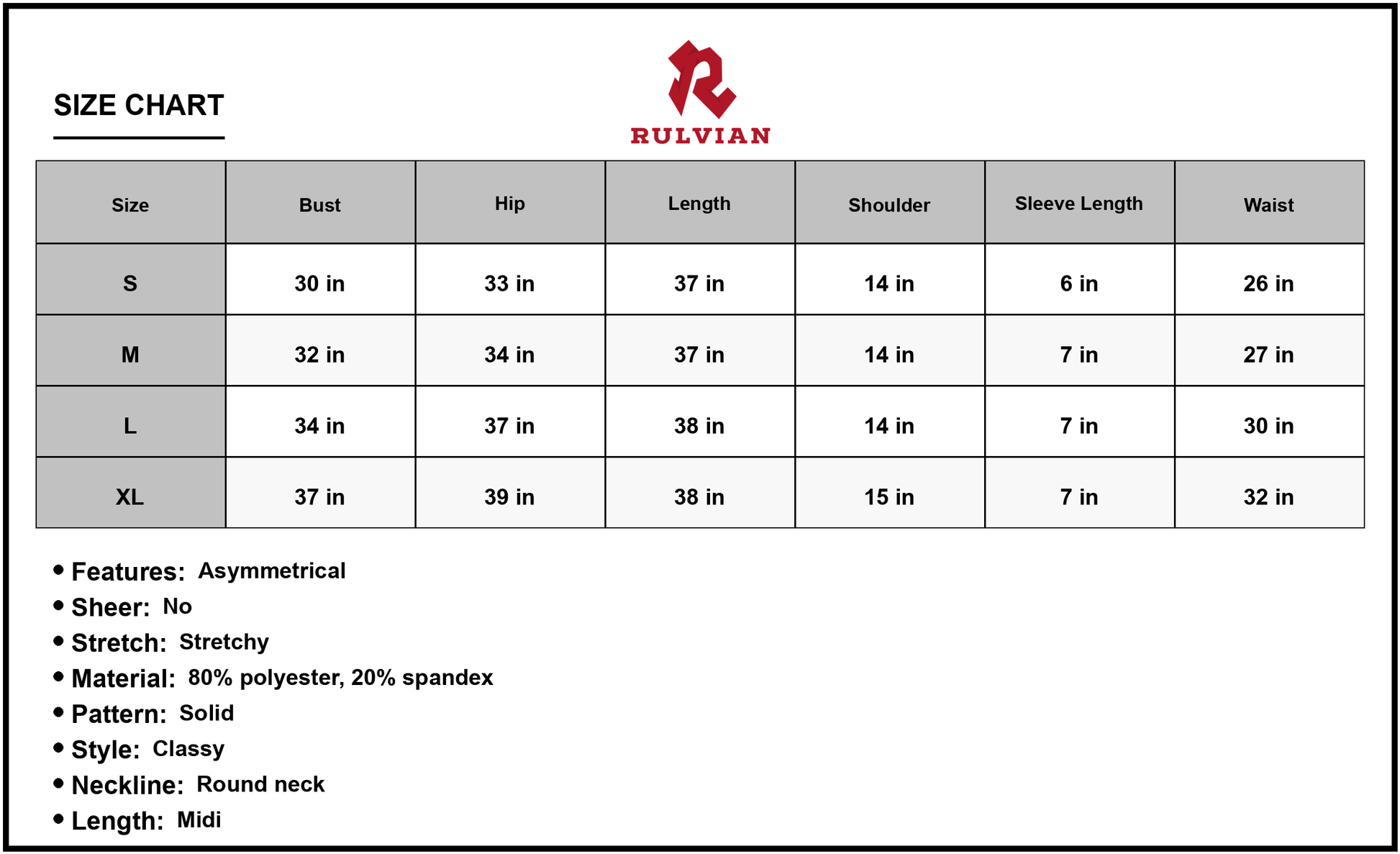 Size Chart - Women's Twisted Asymmetrical Short Sleeve Dress Round Neck Midi Length Classy Style 80% Polyester 20% Spandex Edition