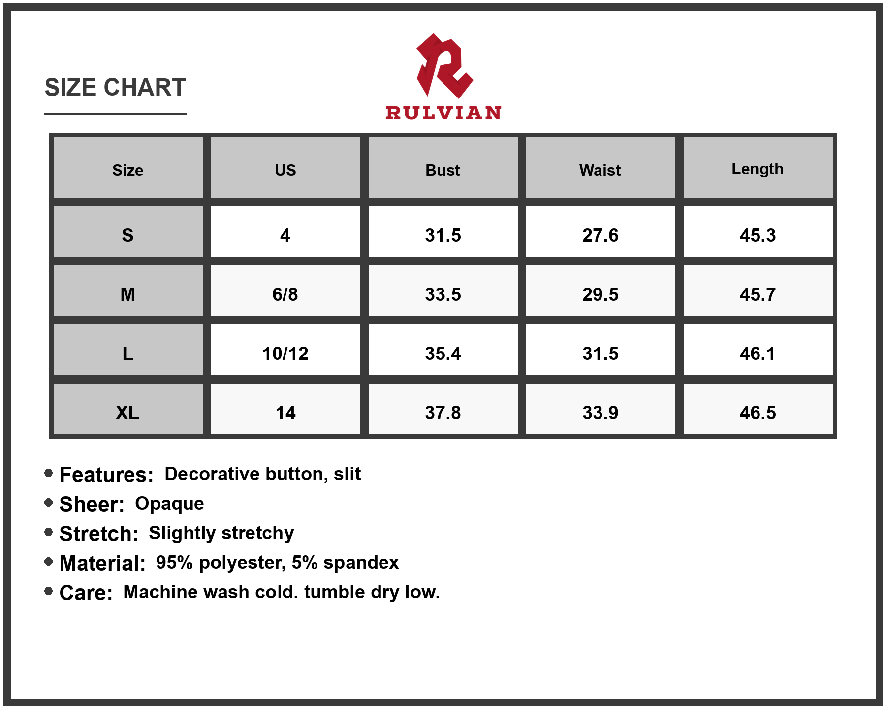 Size Chart - Women's Midi Dress with Slit Mock Neck Long Sleeve Elegant Silhouette 95% Polyester 5% Spandex Fabric for Daily Wear