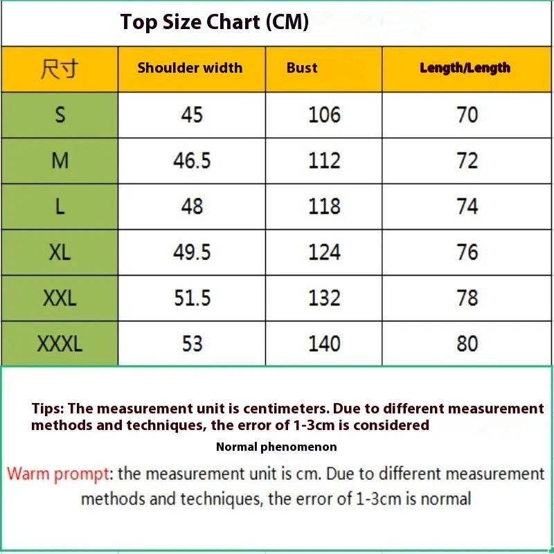 Size Chart - Men's Digital Printing Short Sleeve