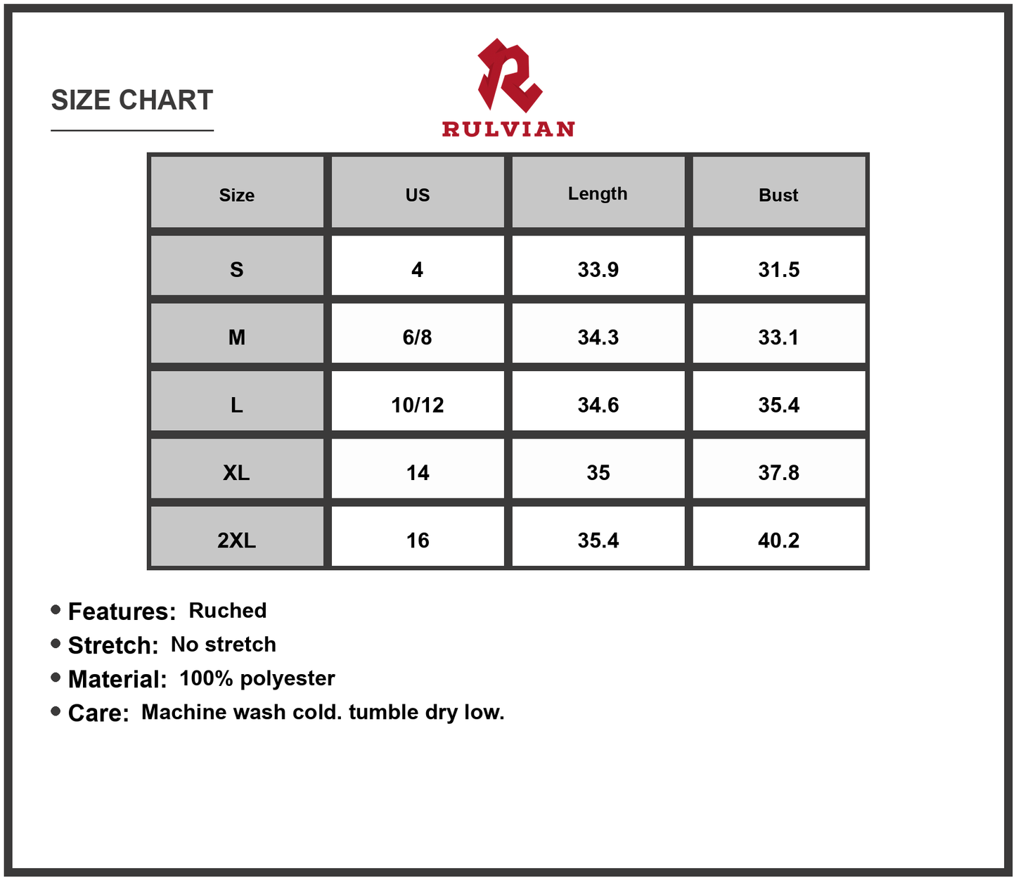Size Chart - Women's Printed Round Neck Cap Sleeve Dress with Ruched Detailing 100% Polyester Fabric for Everyday Comfort and Style