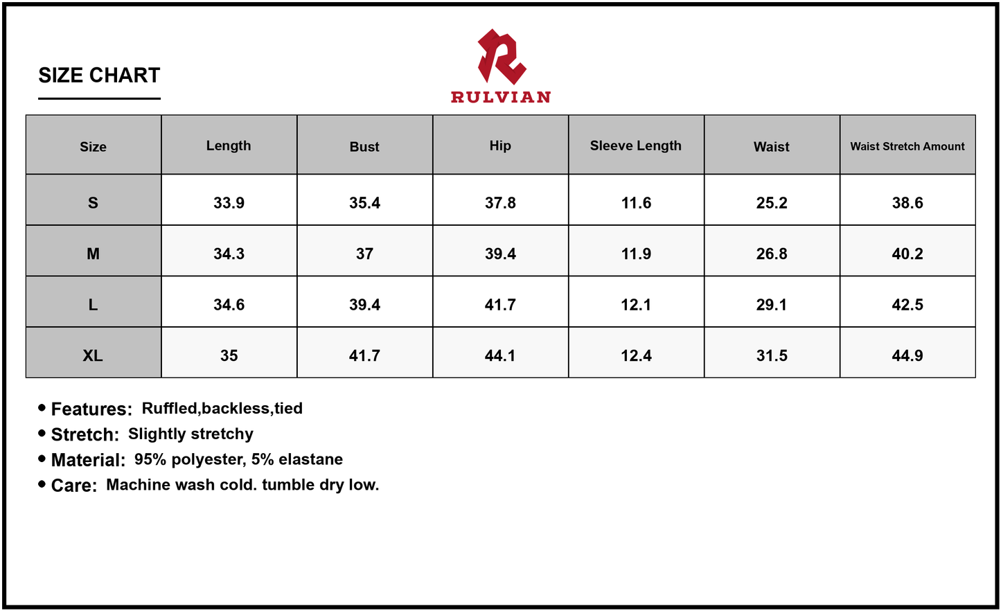 Size Chart - Women's Floral Print Square Neck Mini Dress Backless Stretch Ninety Five Percent Polyester and Five Percent Elastane