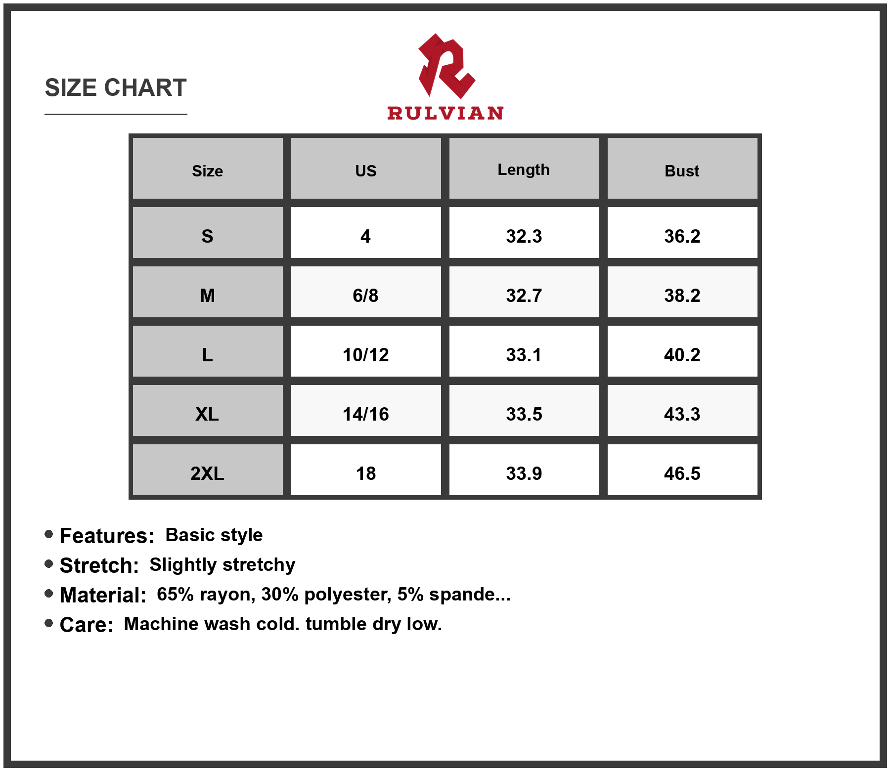 Size Chart - Women's Printed Scoop Neck Cami Dress 65% Rayon 30% Polyester 5% Spandex Lightweight Stretchy Summer Soft Feel