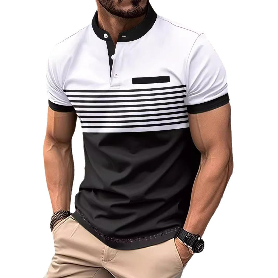 Men's Striped Stand Collar Top in White Caramel Green Khaki Orange Pink Gray Red 100% Polyester Daily Wear
