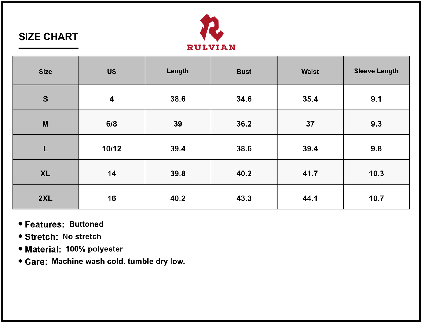 Size Chart - Women's Geometric V-Neck Short Sleeve Button Front Dress 100% Polyester Comfortable Casual Chic Everyday Allseason Wear
