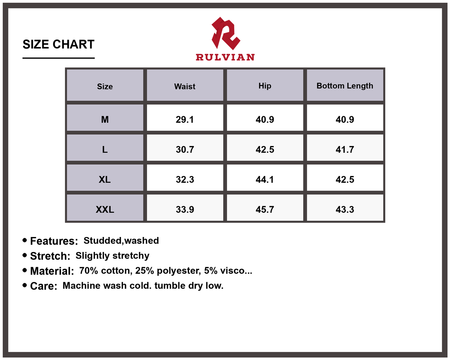 Size Chart - Men's Wide Leg Contrast Jeans Studded Washed Slightly Stretchy Premium Durable Denim Pants Casual Everyday Fashion Apparel