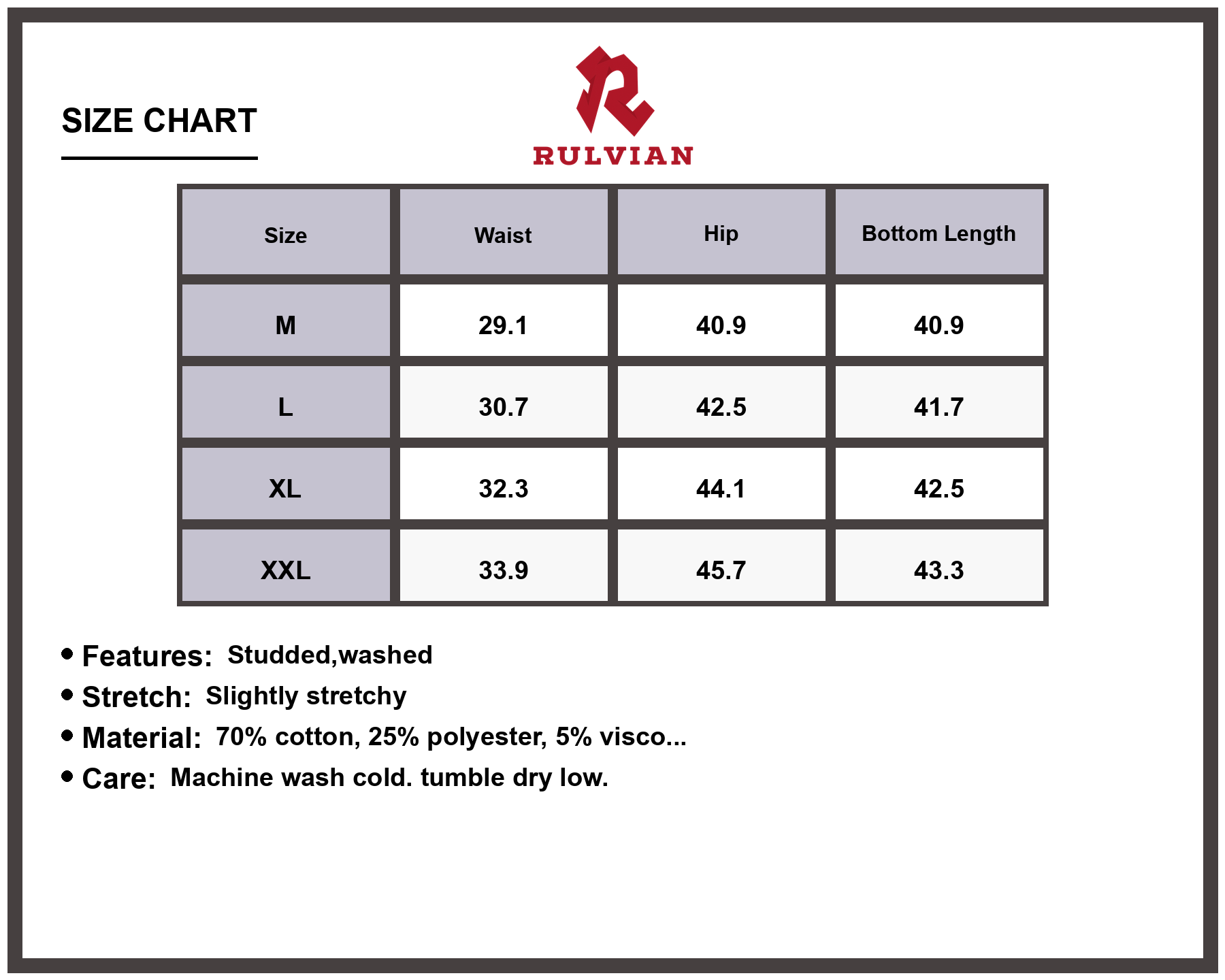 Size Chart - Men's Wide Leg Contrast Jeans Studded Washed Slightly Stretchy Premium Durable Denim Pants Casual Everyday Fashion Apparel