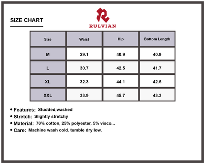 Size Chart - Men's Wide Leg Contrast Jeans Studded Washed Slightly Stretchy Premium Durable Denim Pants Casual Everyday Fashion Apparel