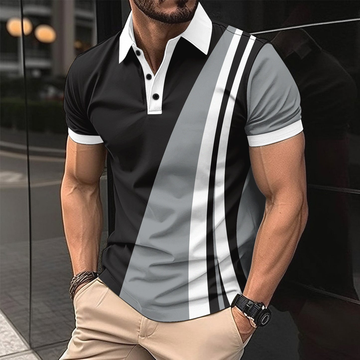 Men's Colorblock Lapel Button T Shirt 100% Polyester Loose Fit Casual Top For Daily Wear Comfort All Day