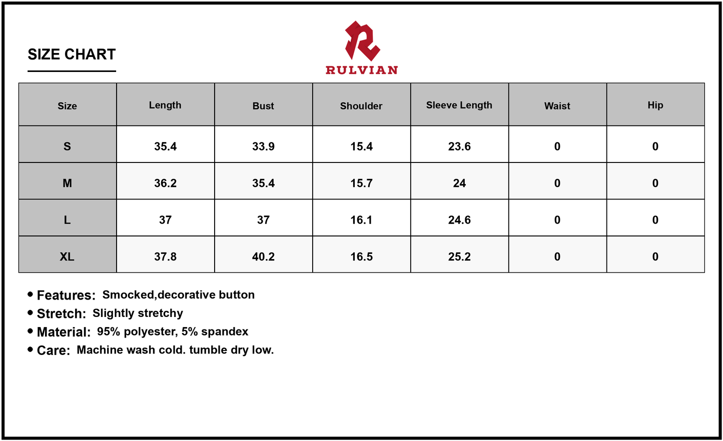 Size Chart - Women's Smocked V-Neck Balloon Sleeve Dress with Button Details and Stretch - Ninety five% Polyester five% Spandex