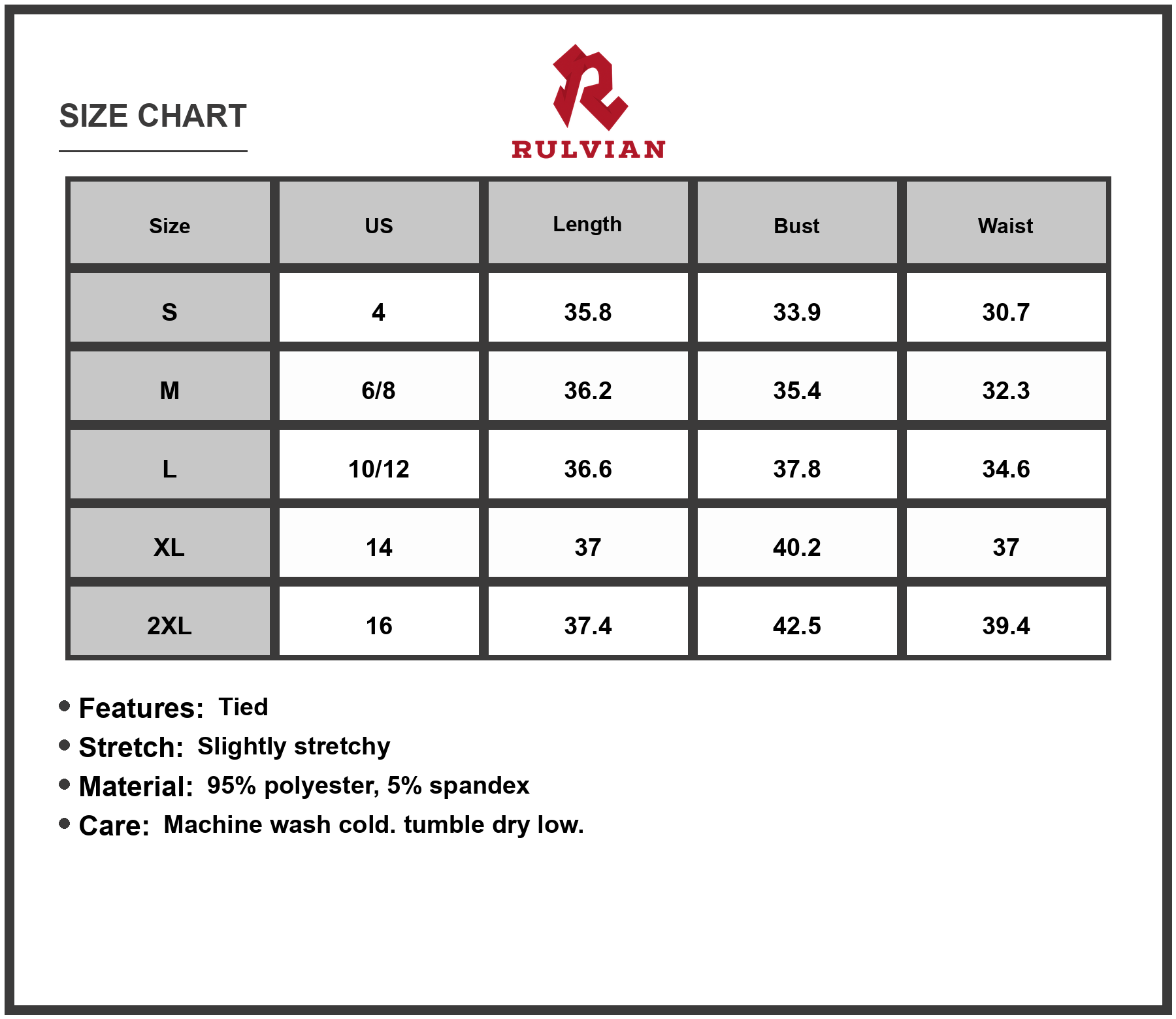Size Chart - Women's Surplice Short Sleeve Dress with Ninety Five Percent Polyester and Five Percent Spandex Stretch Fabric