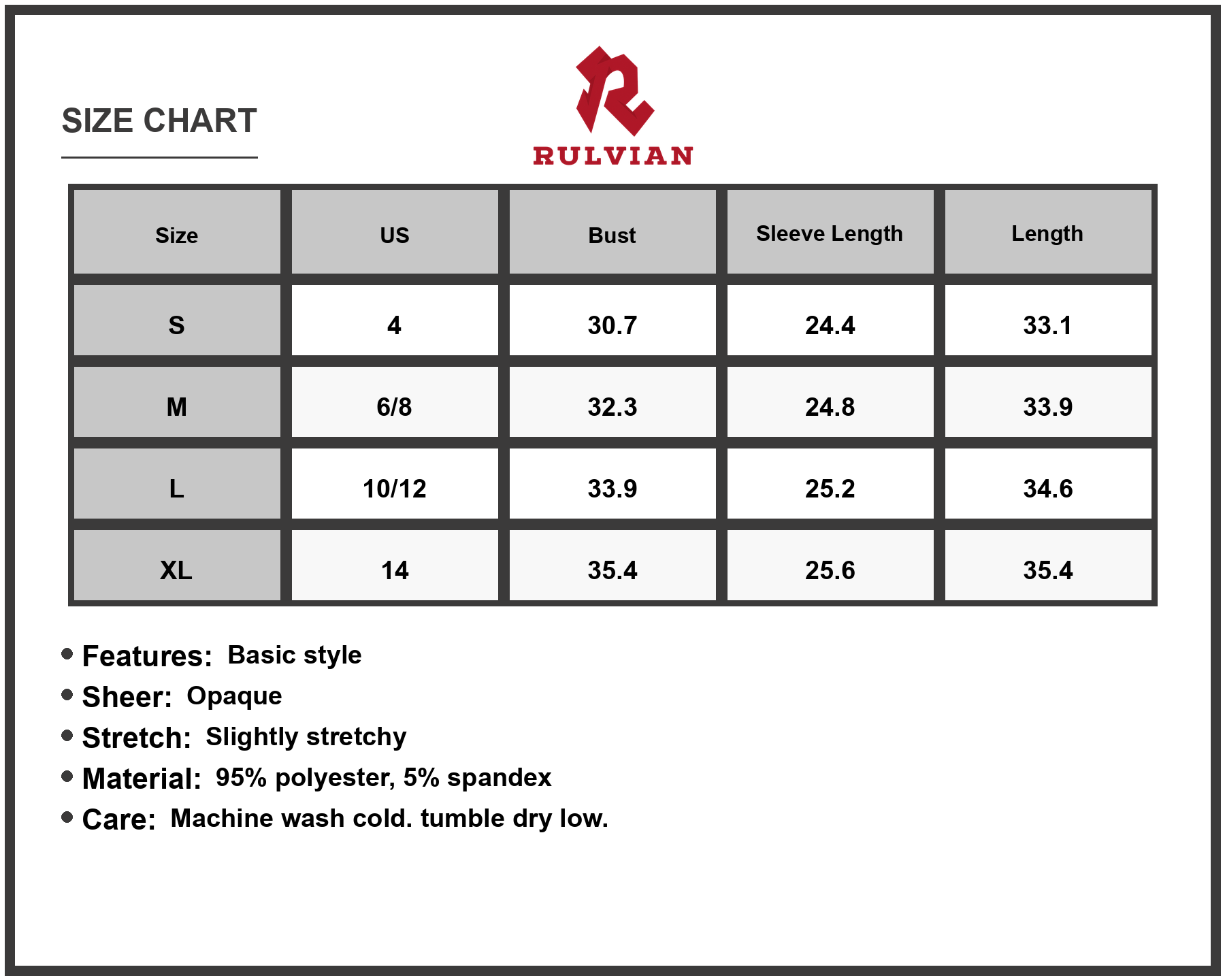 Size Chart - Women's Backless Round Neck Long Sleeve Mini Dress 95% Polyester 5% Spandex Lightweight Stretchy Silhouette Flattering