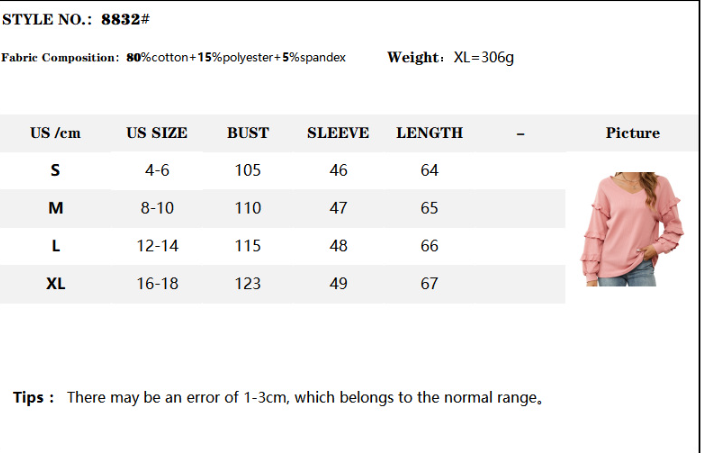 Size Chart - Women's Top Autumn And Winter New Women's Waffle V-neck Flounce Top