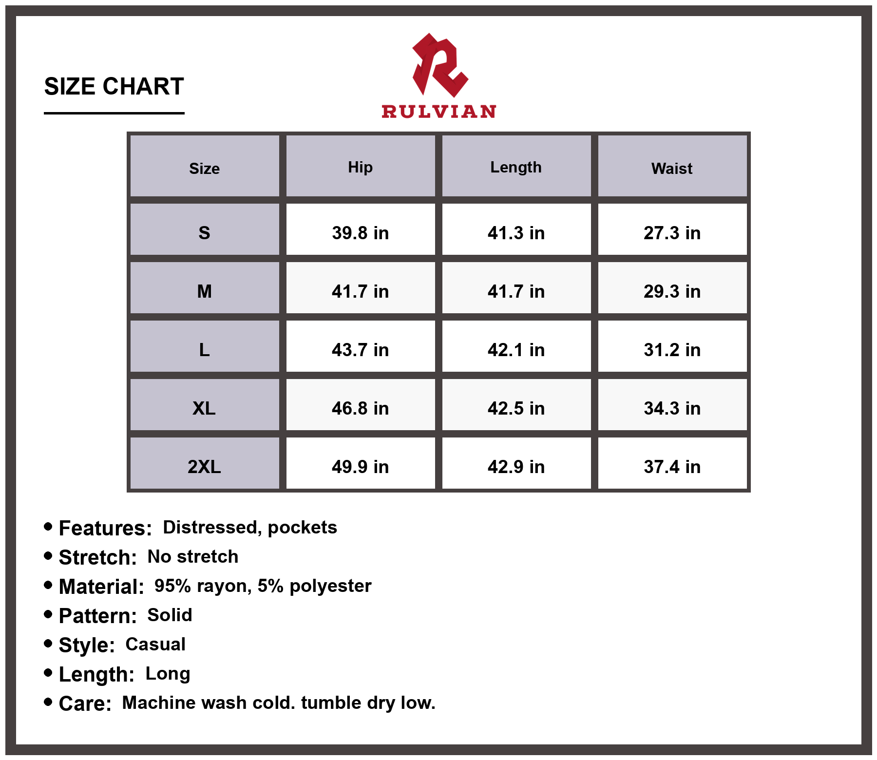 Size Chart - Women's Distressed Loose Fit Jeans with Buttoned Closure and Functional Pockets Long Length Durable Casual Denim Pants