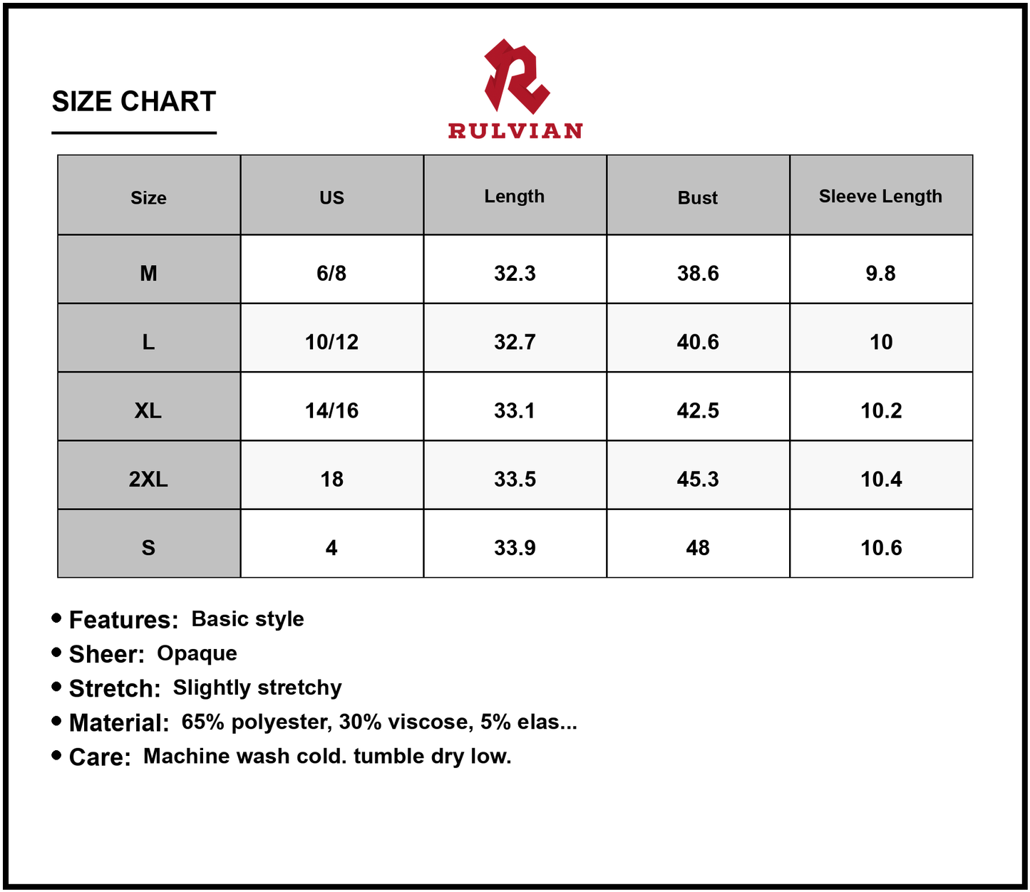 Size Chart - Women's Textured Round Neck Short Sleeve Mini Dress with Subtle Sheen and Stretch 65% polyester 30% viscose 5% elastane