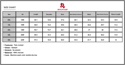 Size Chart - Women's Plus Size Printed Short Sleeve Tiered Maxi Dress with Tie Ruched Details 100% viscose fabric soft drape design