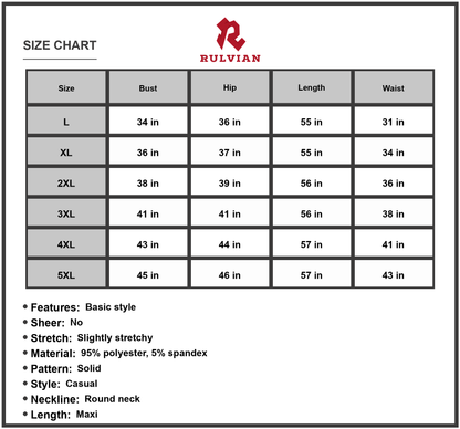 Size Chart - Women's Plus Size Scoop Neck Maxi Tank Dress 95% Polyester 5% Spandex Casual Sleeveless Floor Length Everyday Wear