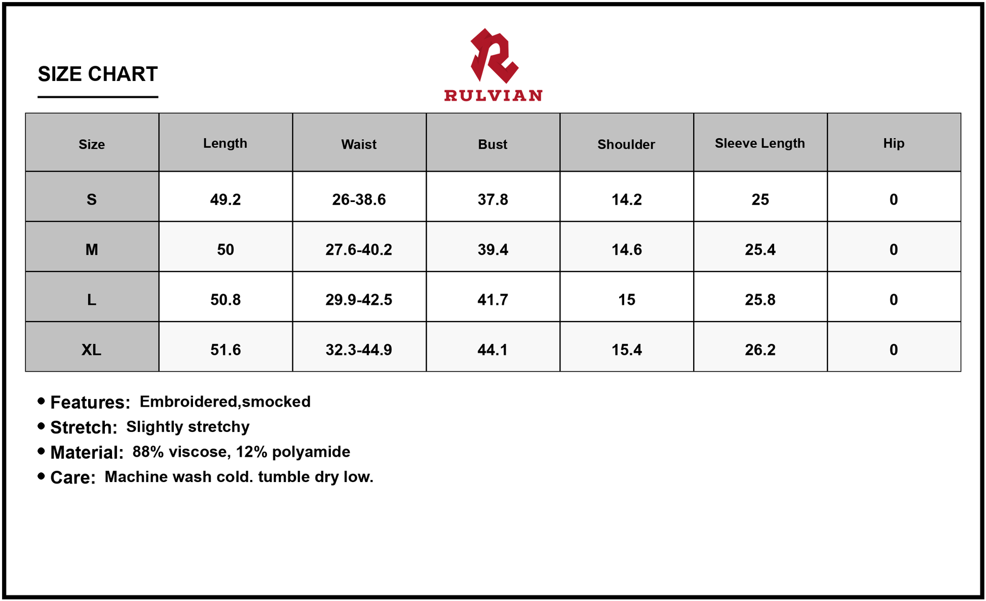 Size Chart - Women's Embroidered Notched Long Sleeve Midi Dress with 88% viscose and 12% polyamide fabric for versatile wear