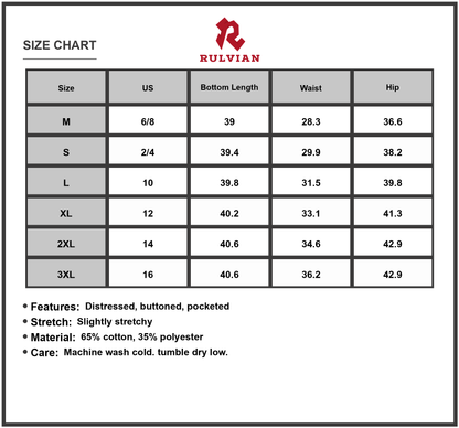 Size Chart - Women Plus Size Distressed Skinny Jeans High Waisted Buttoned Pocketed Stretchy Denim for Casual Everyday Wear