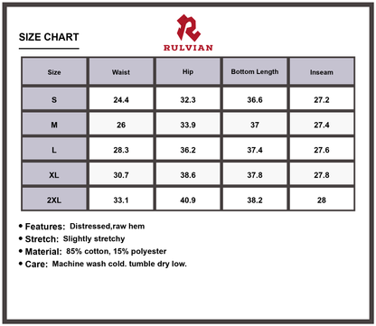 Size Chart - Women's High Waisted Distressed Skinny Jeans Raw Hem Slightly Stretchy Premium Durable Modern Slim Fit Casual Everyday