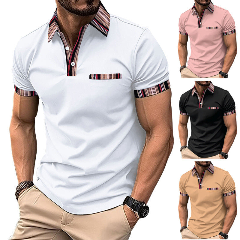 Men's Printed Collar Button Versatile Short Sleeve T Shirt Available In White Black Pink Khaki 100% Polyester