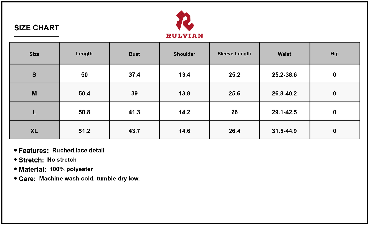 Size Chart - Women's Lace Detail Lantern Sleeve Tiered Dress 100% Polyester Fabric with Ruched Bodice and Flowy Skirt for Party Wear