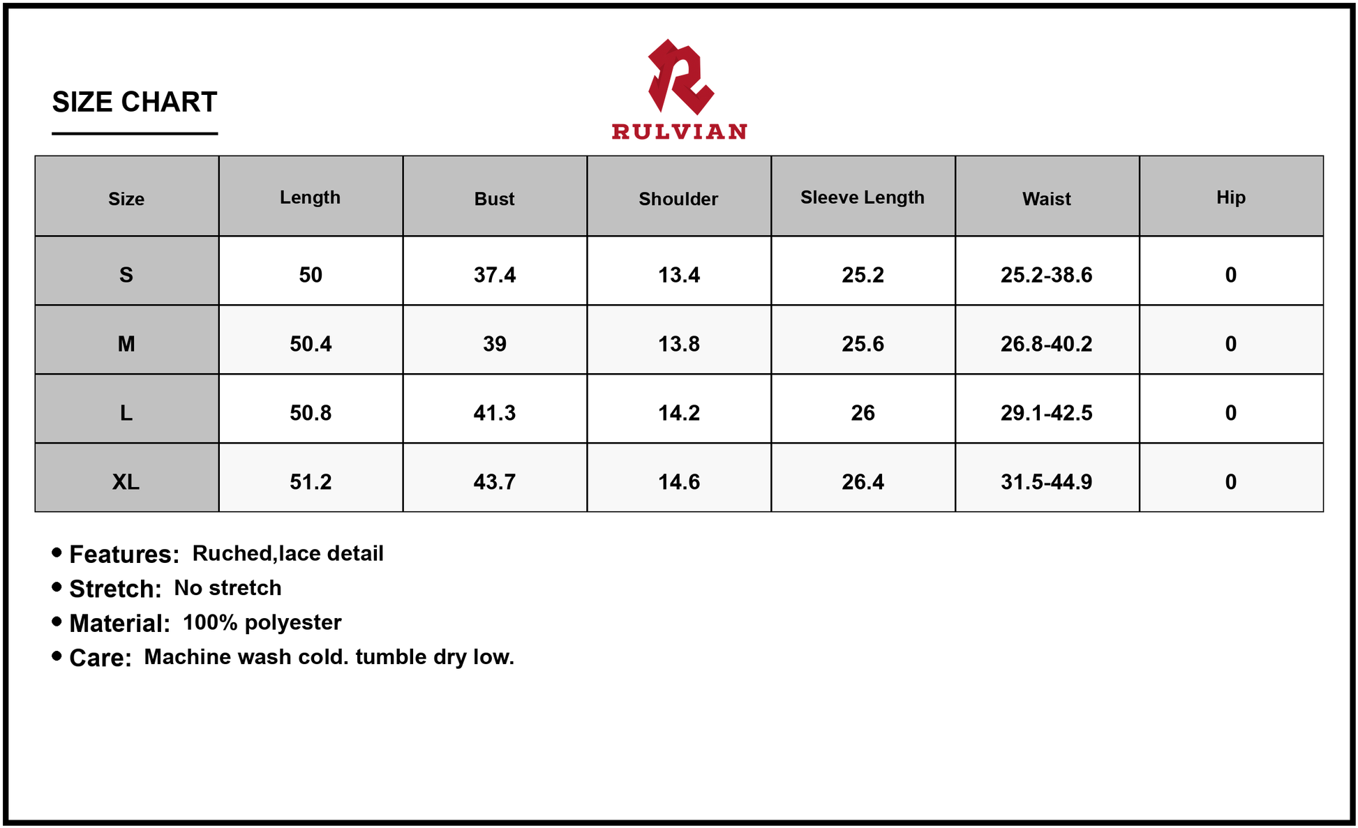 Size Chart - Women's Lace Detail Lantern Sleeve Tiered Dress 100% Polyester Fabric with Ruched Bodice and Flowy Skirt for Party Wear