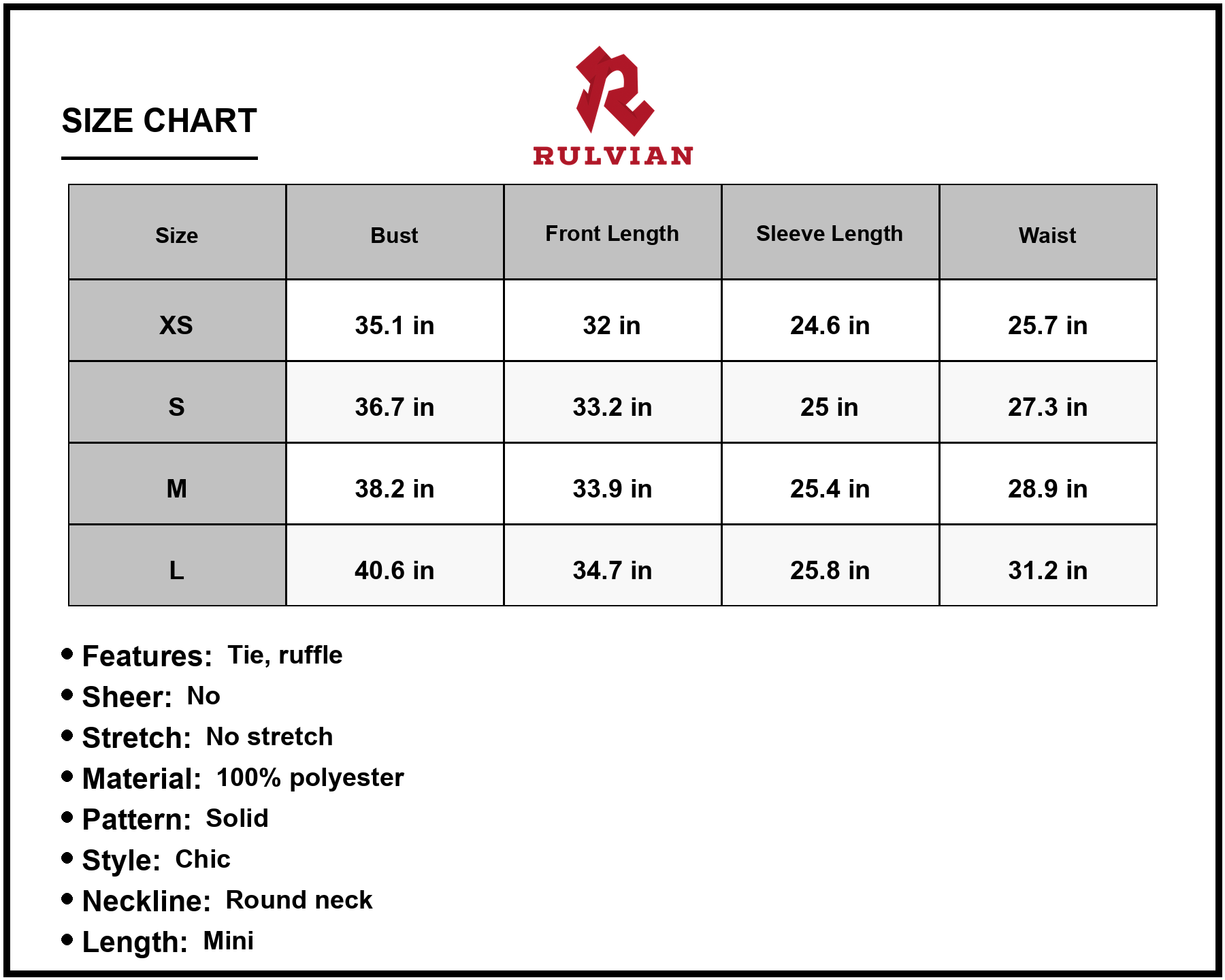 Size Chart - Women's Shiny Round Neck Flounce Sleeve Mini Dress with Ruffle Hem for Party Nights Polyester 100% for party wear