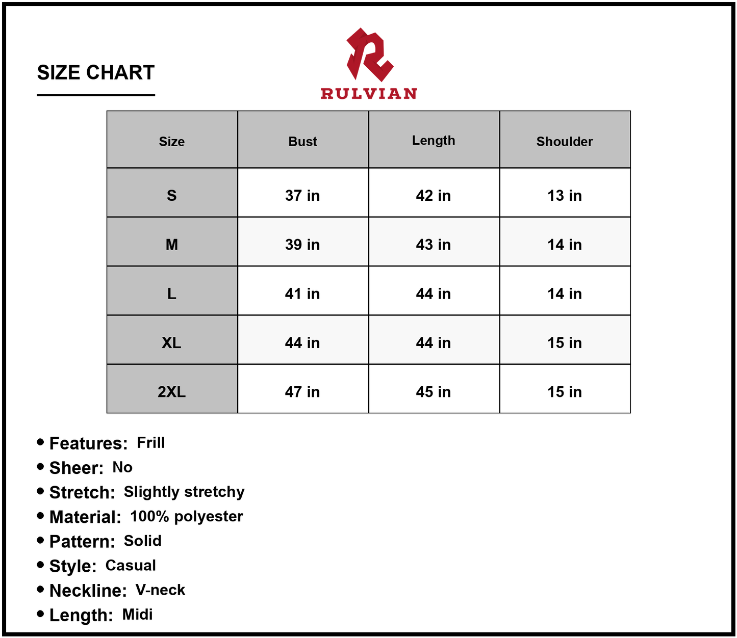Size Chart - Women's Contrast V Neck Sleeveless Tiered Dress Midi Length Frill Neckline Casual Style Everyday Wear 100% Polyester