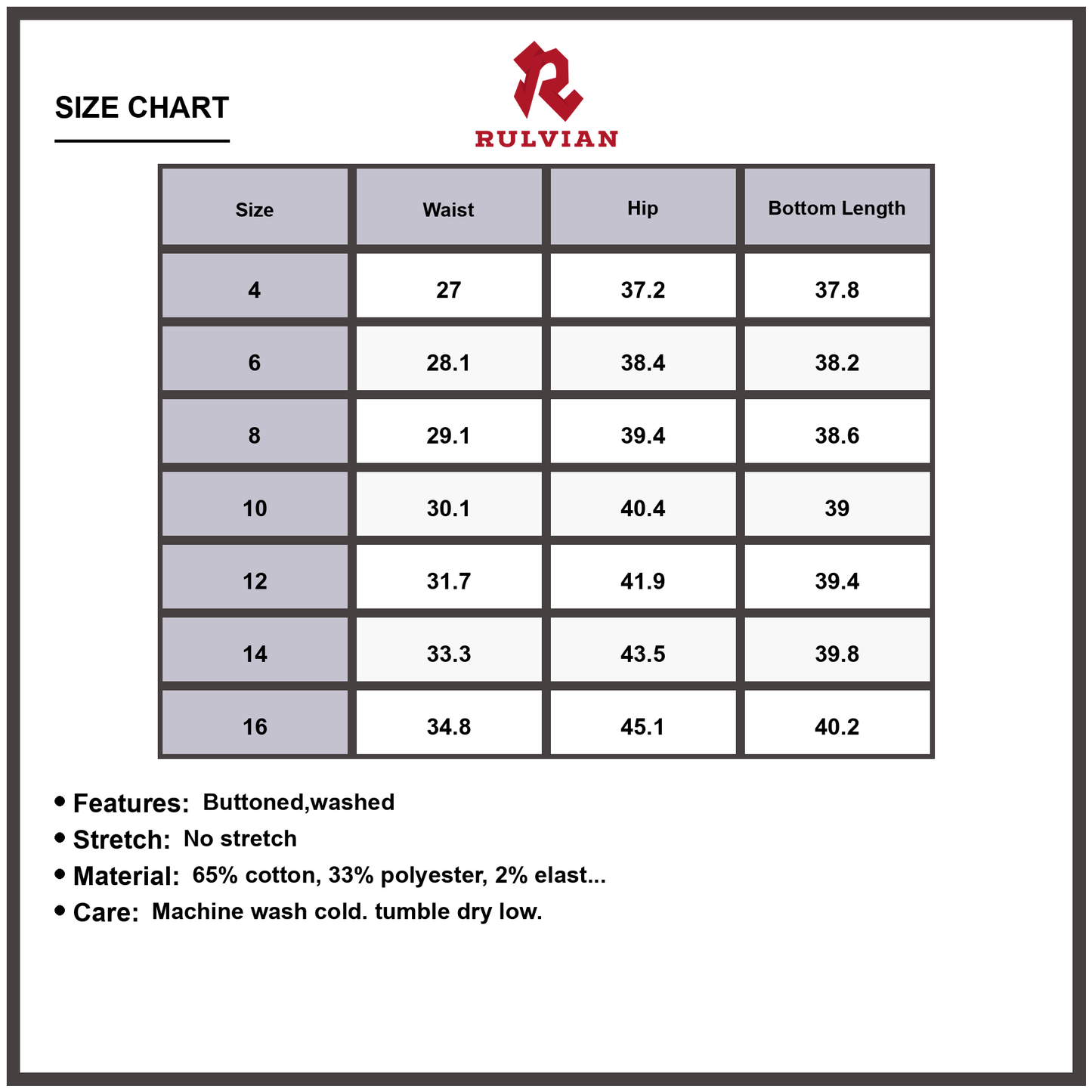 Size Chart - Women's Wide Leg Button Fly Jeans Washed Finish Casual Everyday Non Stretch Durable Premium High Quality Relaxed Fit Pants