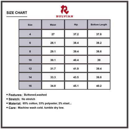 Size Chart - Women's Wide Leg Button Fly Jeans Washed Finish Casual Everyday Non Stretch Durable Premium High Quality Relaxed Fit Pants