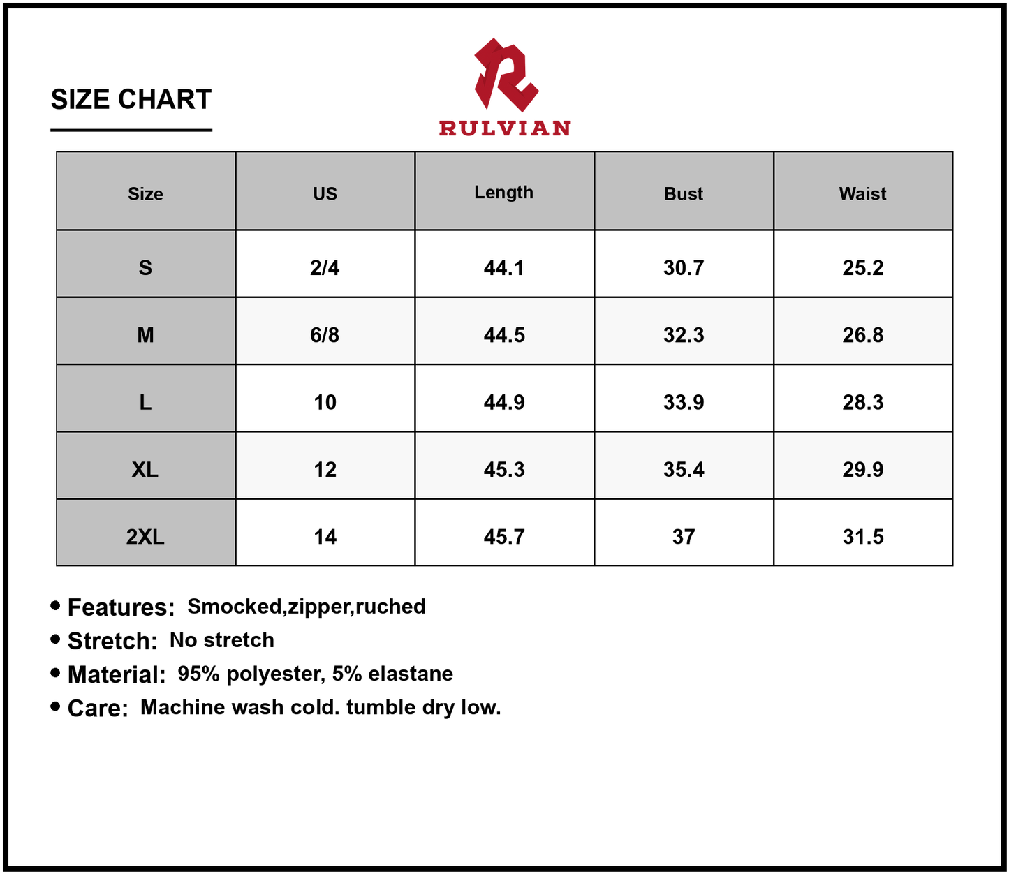 Size Chart - Women's Smocked Printed Wide Strap Dress With Zipper Ruched Detailing Lightweight Fabric 95% Polyester 5% Elastane