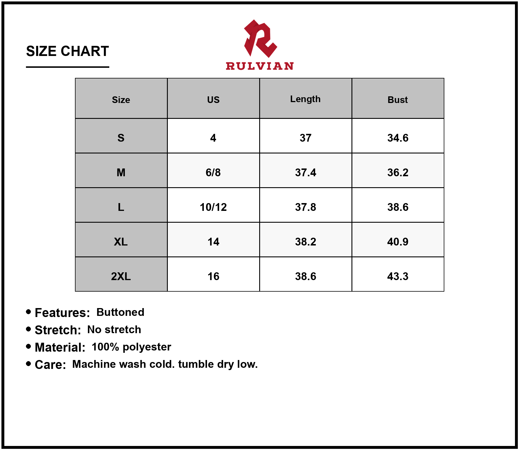 Size Chart - Women's Printed Button Front Shirt Dress 100% Polyester Lightweight Easy Care Everyday Casual Work And Weekend Wear