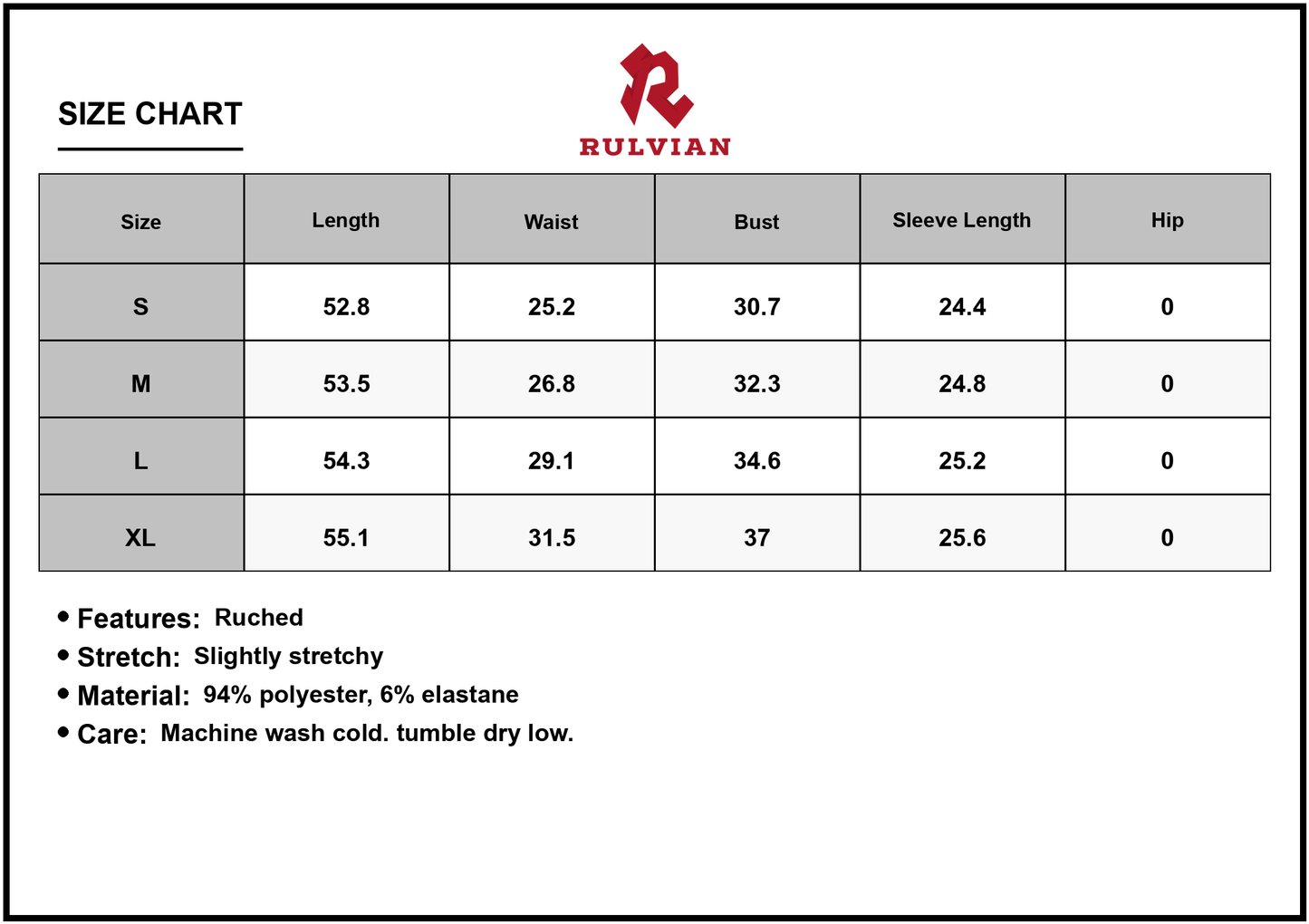 Size Chart - Women's Ruched One Shoulder Long Sleeve Dress 94% Polyester 6% Elastane Fabric Blend for Elegant Evening Wear Attire