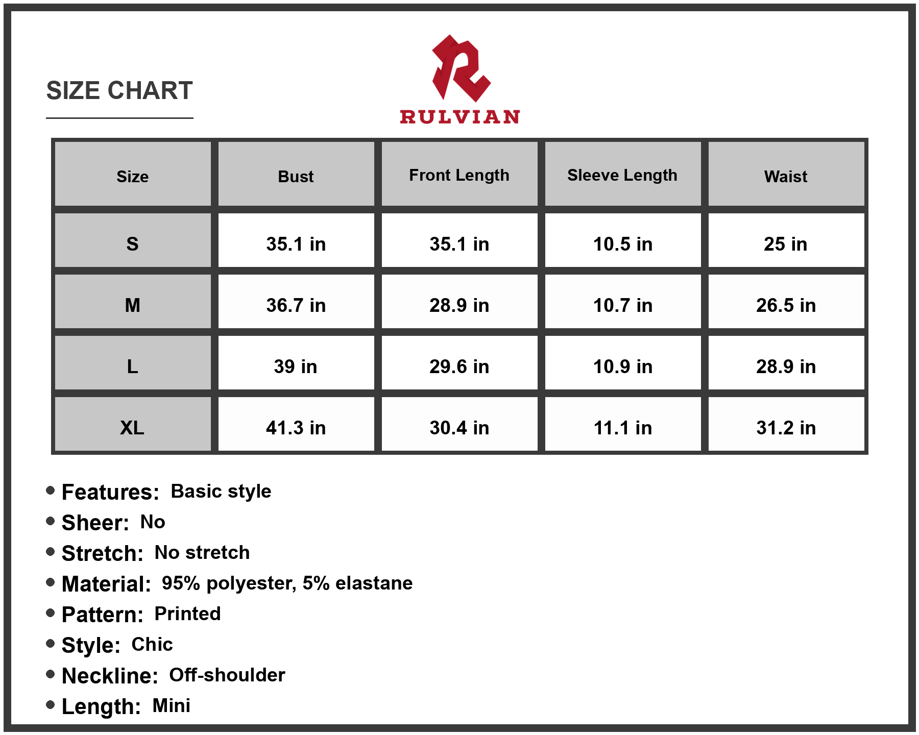 Size Chart - Women's Off-Shoulder Smocked Waist Dress with Balloon Sleeves Ninety Five Percent Polyester and Five Percent Elastane