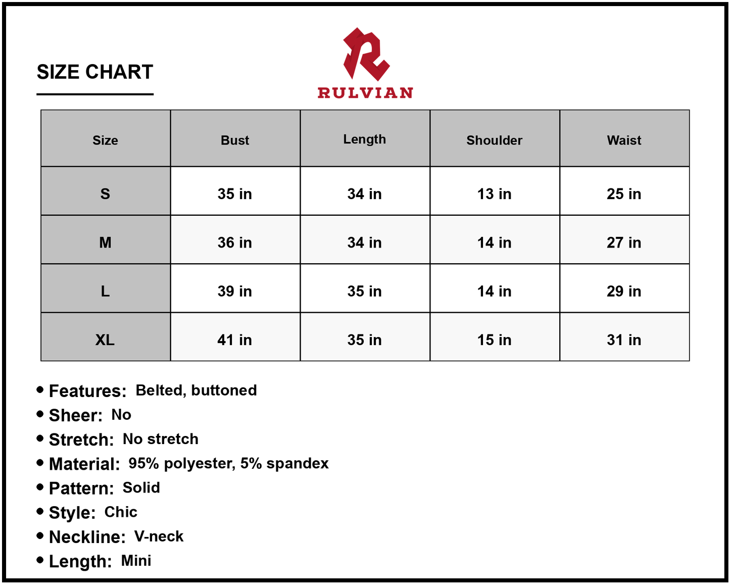 Size Chart - Women's Buttoned V Neck Belted Sleeveless Dress with Pencil Hem Ninety Five Percent Polyester and Five Percent Spandex